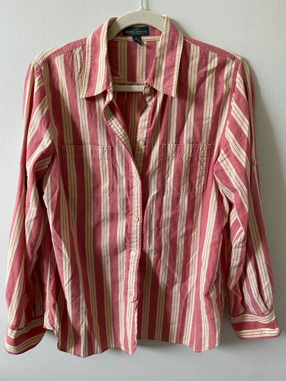 Lauren Jeans Co. Ralph Lauren Cotton Pink and Cream Striped Button-Down Shirt L